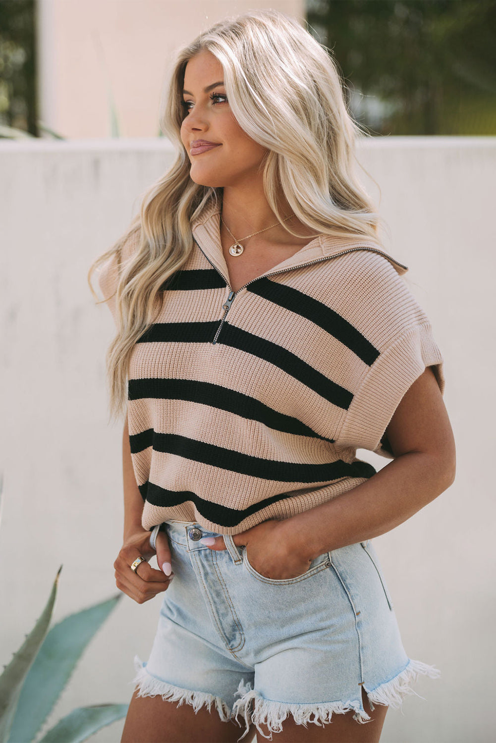 Khaki Stripe Zipped Collar Short Sleeve Sweater Top Sweaters & Cardigans JT's Designer Fashion