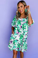 Green Floral Print Shirred Square Neck Loose Fit Mini Dress Floral Dresses JT's Designer Fashion