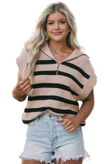 Khaki Stripe Zipped Collar Short Sleeve Sweater Top Sweaters & Cardigans JT's Designer Fashion