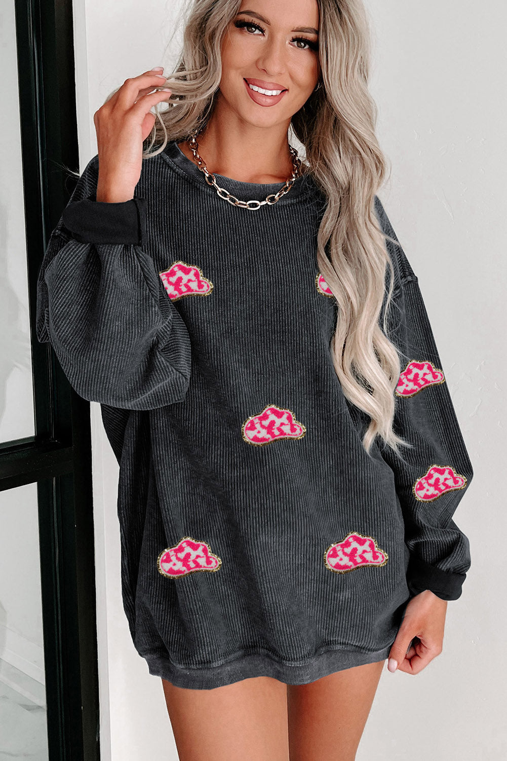 Black Glittering Cowboy Hat Patched Corded Pullover Sweatshirt Graphic Sweatshirts JT's Designer Fashion