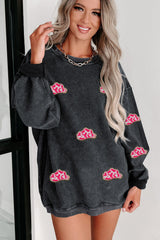 Black Glittering Cowboy Hat Patched Corded Pullover Sweatshirt Graphic Sweatshirts JT's Designer Fashion