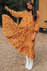 Orange Western Geometric Print Tiered Frilled Loose Fit Midi Dress Midi Dresses JT's Designer Fashion