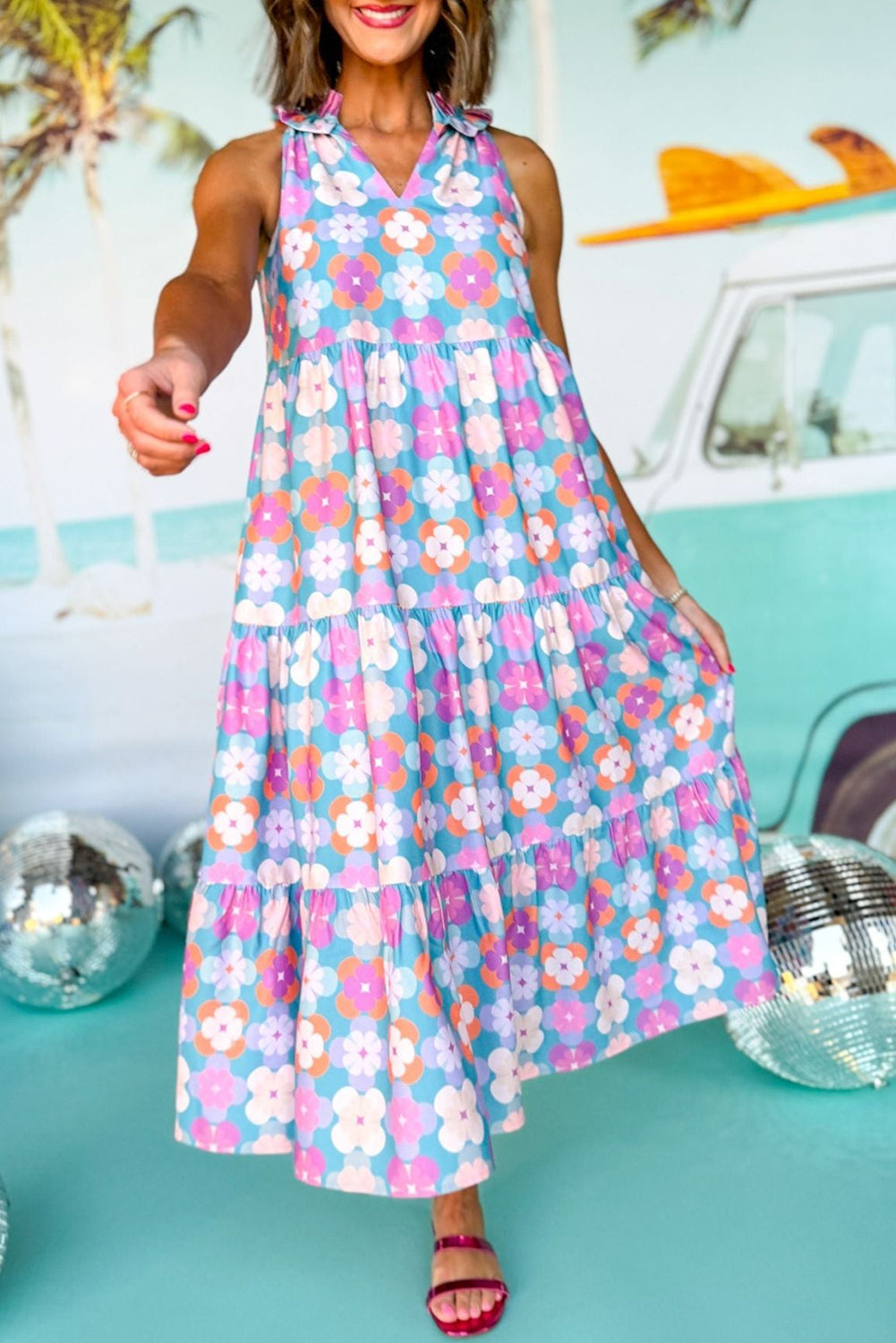 Sky Blue Frilly Split Neck Sleeveless Tiered Maxi Dress Dresses JT's Designer Fashion