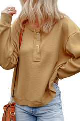 Camel Textured Knit Half Button Drop Shoulder Oversized Top Long Sleeve Tops JT's Designer Fashion
