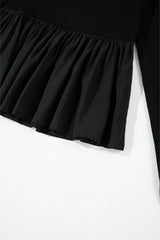 Black Ribbed Knit Long Sleeve Scoop Neck Peplum Patchwork Top Long Sleeve Tops JT's Designer Fashion