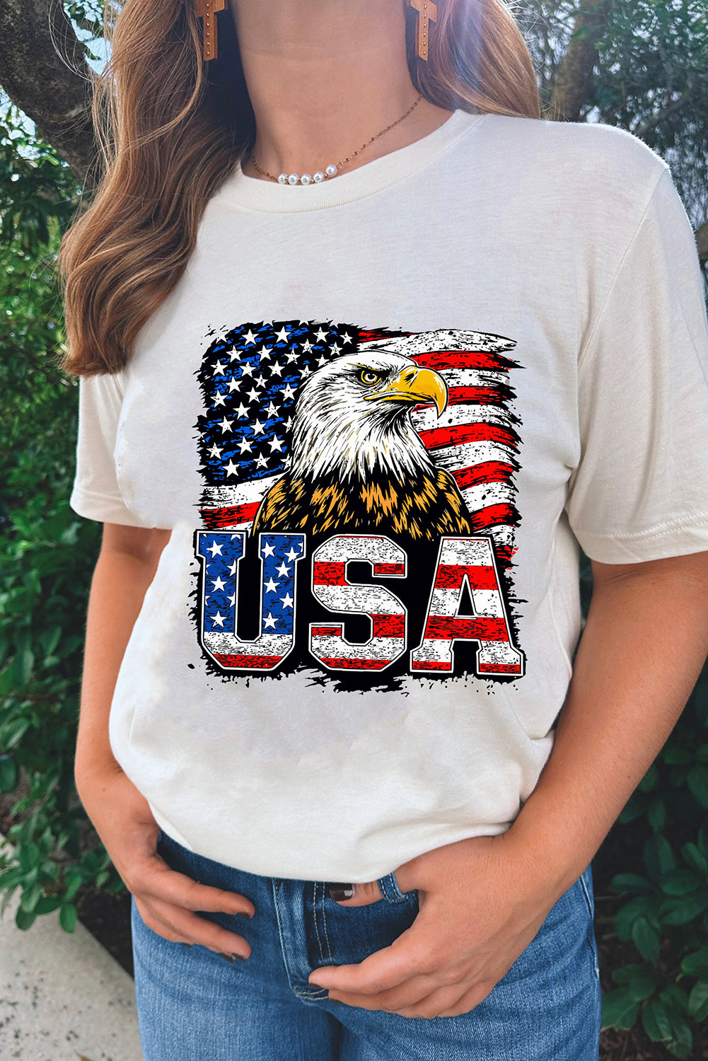 White USA Flag Eagle Graphic 4th July T Shirt Graphic Tees JT's Designer Fashion