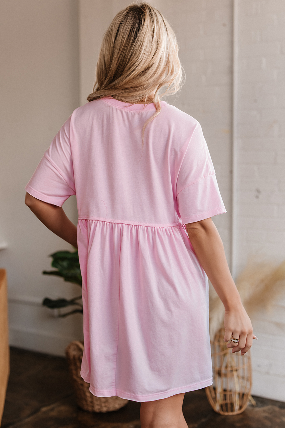Light Pink Sequined Note Pattern Raw Edge Music Festival Babydoll T-shirt Dress Graphic Dresses JT's Designer Fashion