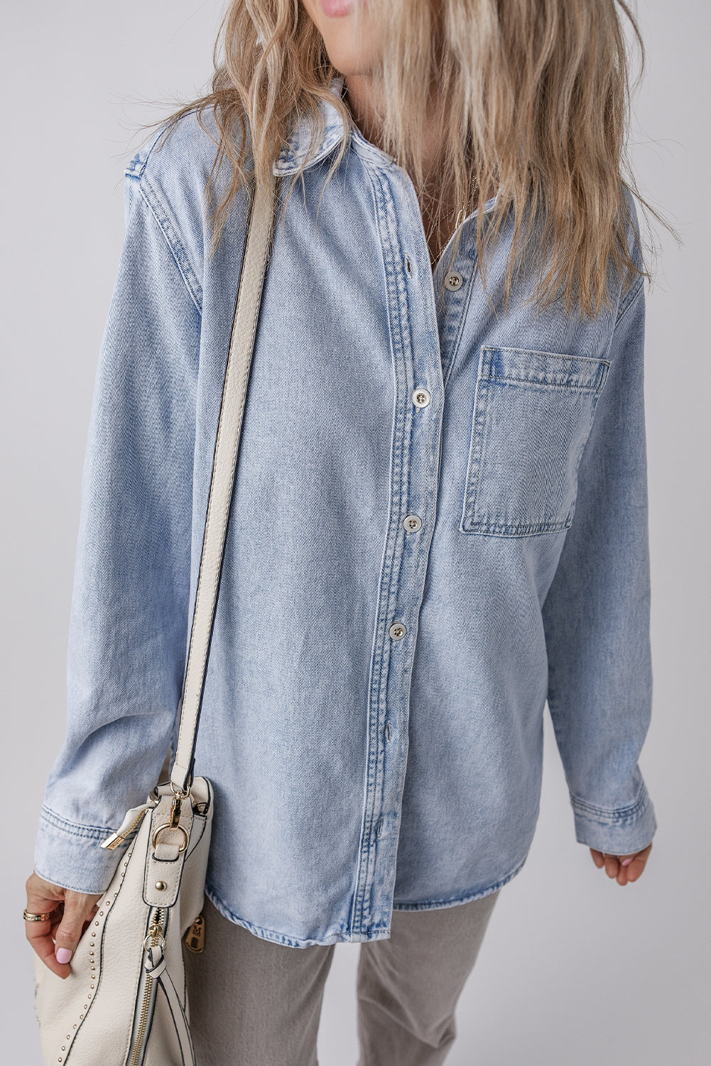 Beau Blue Long Sleeve Buttoned Chest Pocket Denim Shacket Denim Jackets JT's Designer Fashion