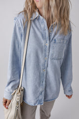 Beau Blue Long Sleeve Buttoned Chest Pocket Denim Shacket Denim Jackets JT's Designer Fashion