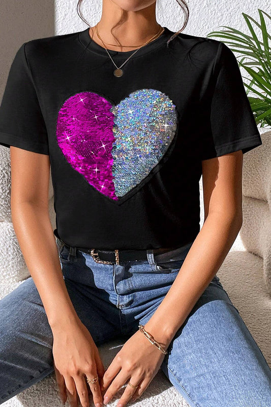 Black Valentine Two Tone Sequined Heart Shaped Graphic T Shirt Graphic Tees JT's Designer Fashion