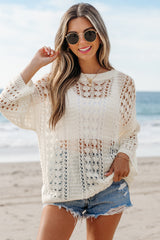 White Hollow Out Knit Bracelet Sleeve Drop Shoulder Sweater Sweaters JT's Designer Fashion