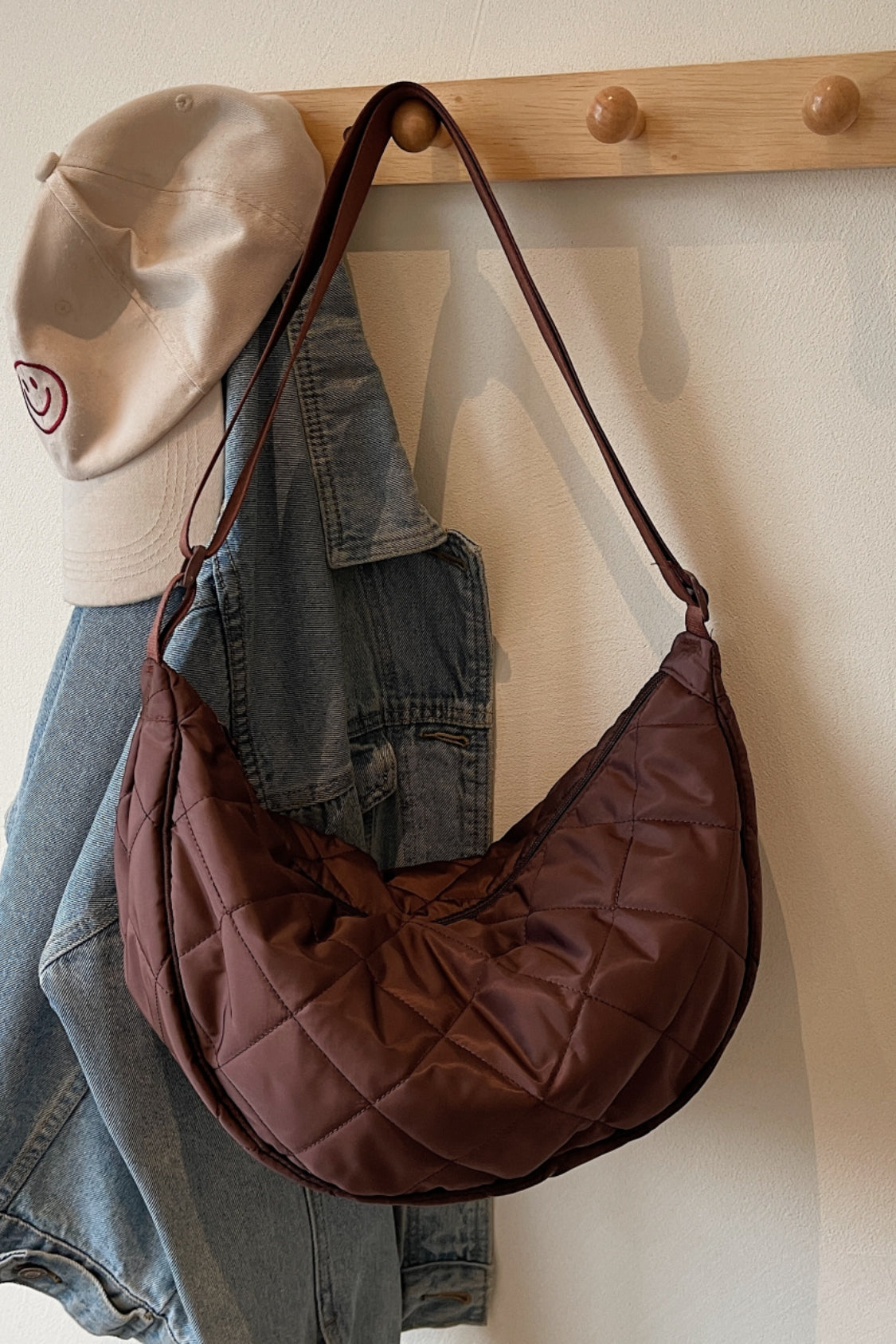 Plaid Quilted Adjustable Strap Crossbody Bag Dark Brown One Size Shoulder Bags JT's Designer Fashion