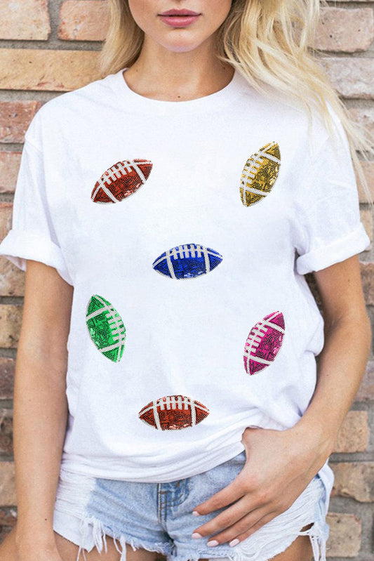 White Sequin Rugby Football Pattern Crewneck T Shirt Graphic Tees JT's Designer Fashion