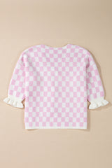 Light Pink Checkered Knitted Lace-up Ruffled 3/4 Sleeve Cardigan Cardigans JT's Designer Fashion