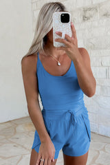 Blue Crossed Spaghetti Straps Drawstring Waist Sporty Romper Bottoms JT's Designer Fashion