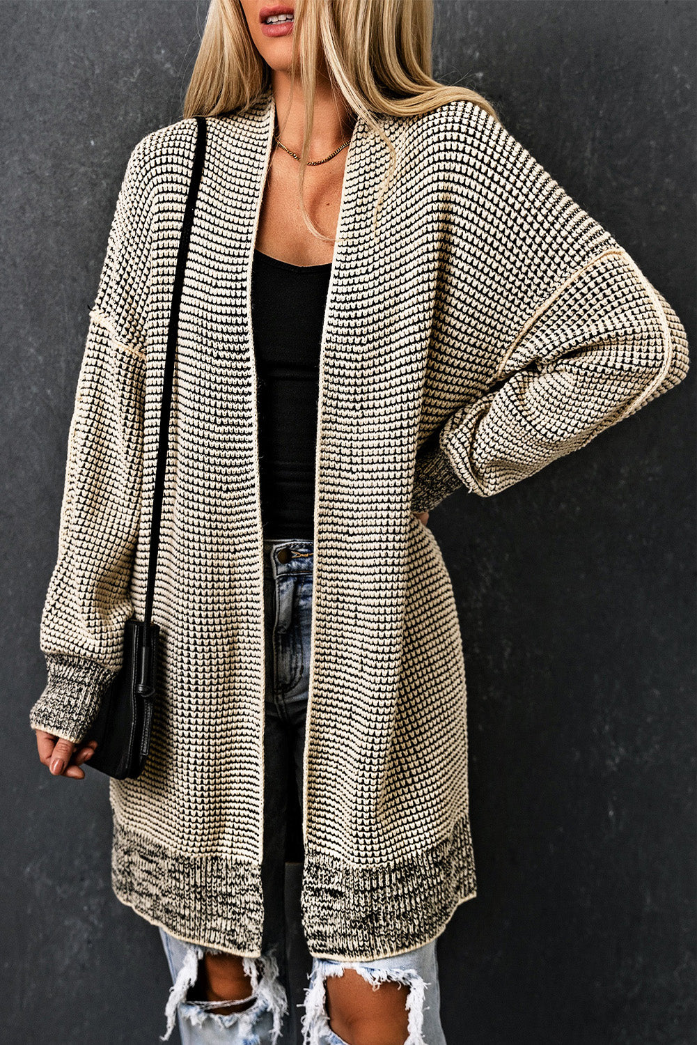 Apricot Plaid Knitted Long Open Front Cardigan Sweaters & Cardigans JT's Designer Fashion