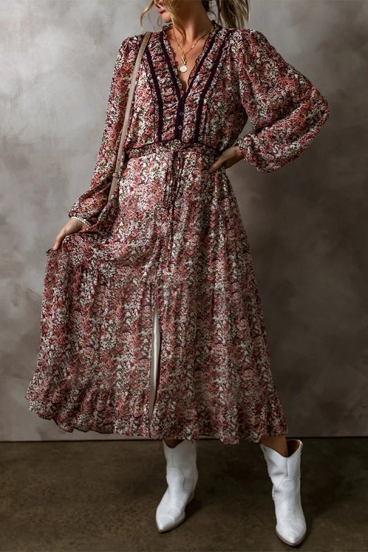 Printed V-Neck Long Sleeve Midi Dress Midi Dresses JT's Designer Fashion