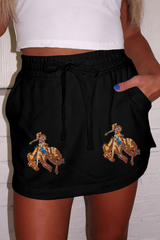 Black Sequin Western Cowboy Patched Lace-up High Waist Skort Graphic Pants JT's Designer Fashion