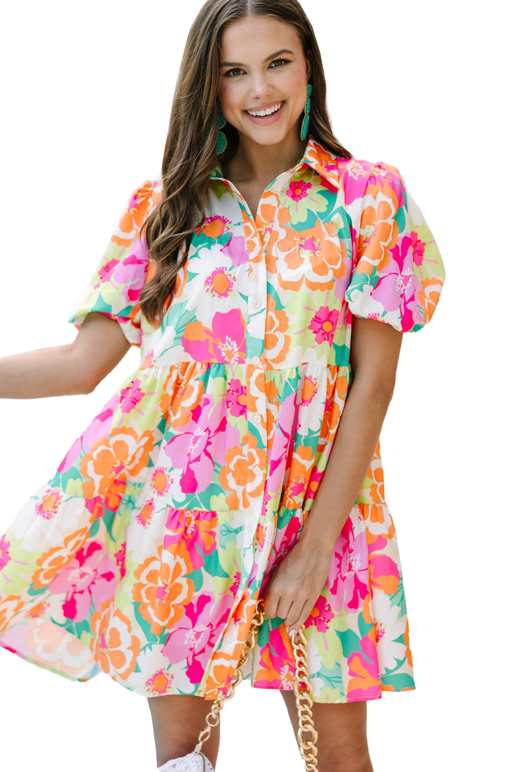 Pink Floral Puff Sleeve Collar Buttoned Babydoll Dress Floral Dresses JT's Designer Fashion