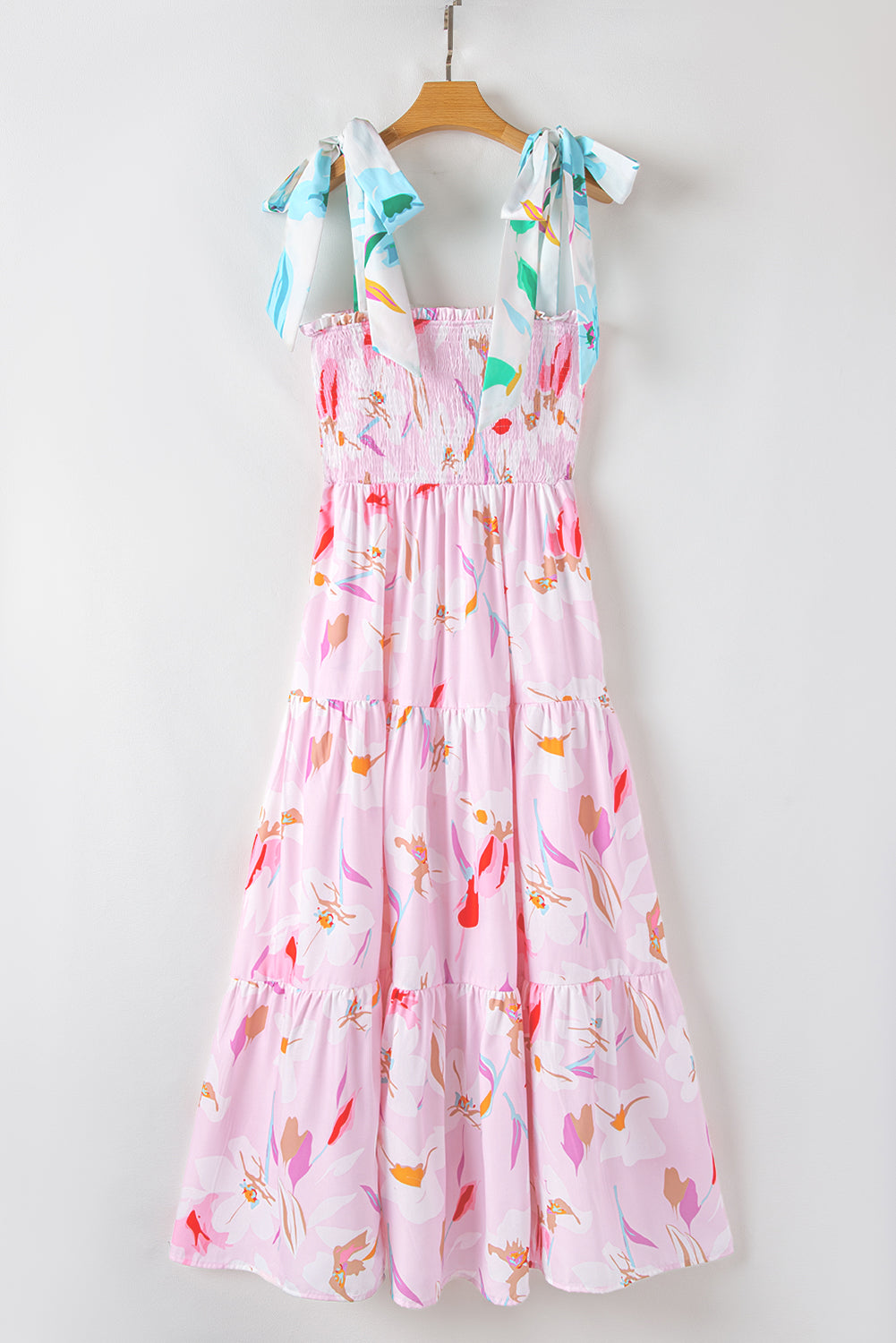 Pink Floral Print Knotted Shoulder Smocked Maxi Dress Floral Dresses JT's Designer Fashion