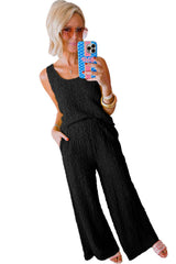 Black Crinkled U Neck Tank Top and Wide Leg Pants Set Pant Sets JT's Designer Fashion