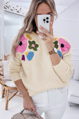Beige Knitted Flower Pattern Ribbed Edge Sweater Sweaters JT's Designer Fashion