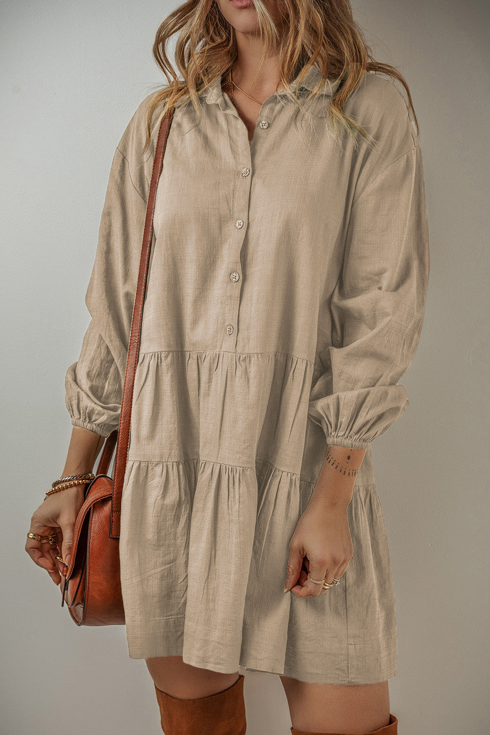 Tan Puff Sleeve Buttoned Tiered Pleated Shirt Mini Dress Mini Dresses JT's Designer Fashion