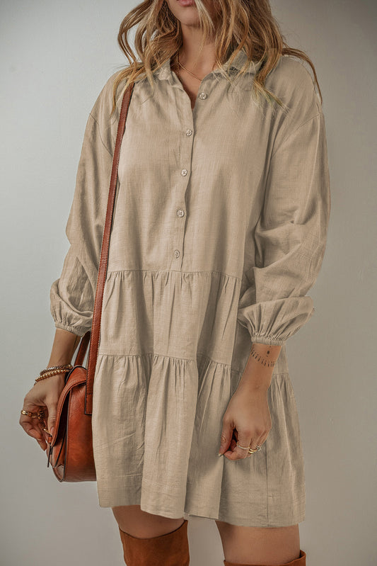 Tan Puff Sleeve Buttoned Tiered Pleated Shirt Mini Dress Mini Dresses JT's Designer Fashion