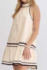 Khaki Stripe Ric Rac Trim Halter A-line Sleeveless Mini Dress Mini Dresses JT's Designer Fashion