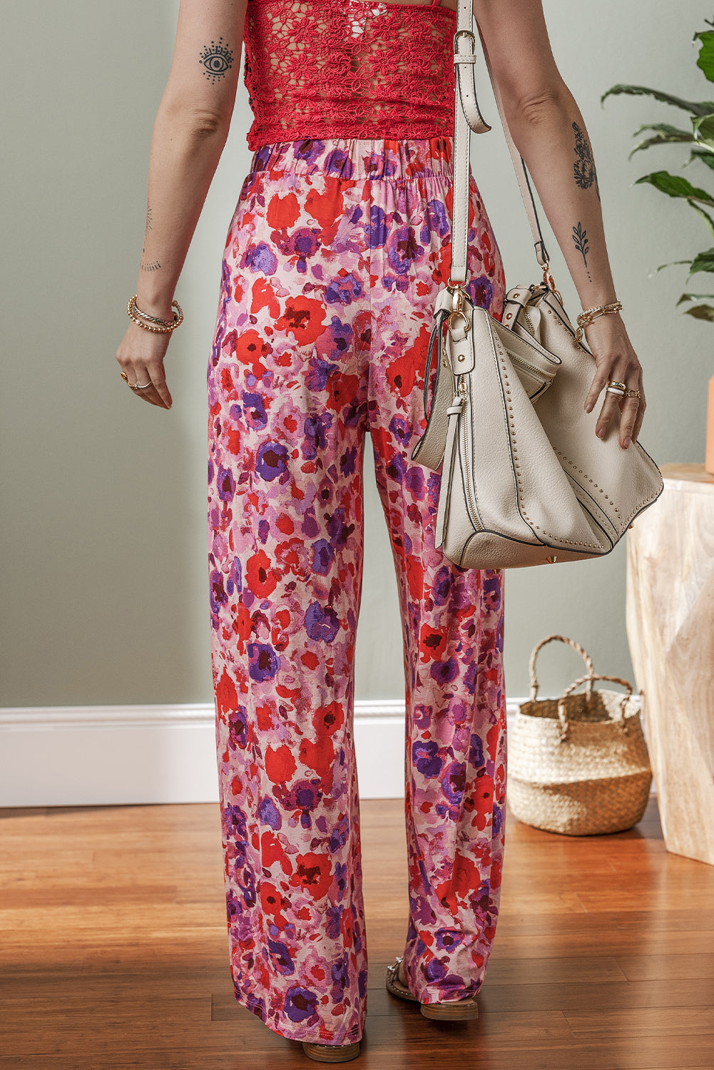 Purple Floral Wide Leg Elastic High Waist Pants Pants & Culotte JT's Designer Fashion
