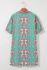Mint Green Geometric Butterfly Print Split Neck Short Sleeve Dress Mini Dresses JT's Designer Fashion