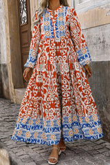 Orange Boho Geometric Printed Long Sleeve Long Dress Orange 100%Polyester Maxi Dresses JT's Designer Fashion