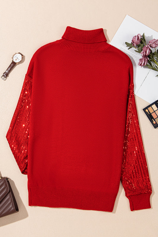 Racing Red Merry Graphic Sequin Sleeves Christmas Turtleneck Sweater Sweaters JT's Designer Fashion