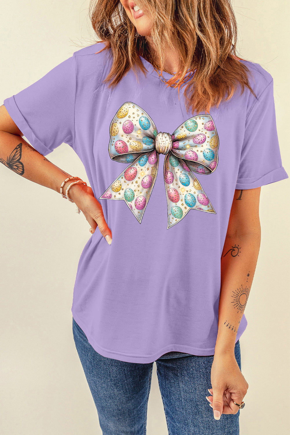 Wisteria Celebrative Easter Eggs Bow Print Casual T Shirt Graphic Tees JT's Designer Fashion