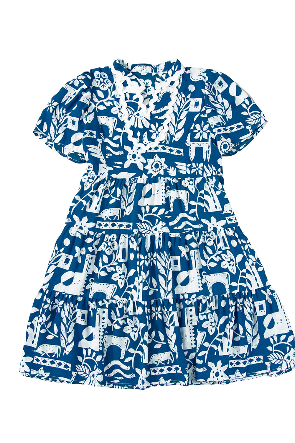 Blue Ricrac Trim Split Neck Floral Loose Dress Floral Dresses JT's Designer Fashion