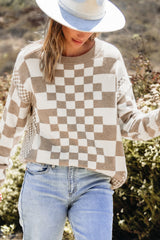 Khaki Checkered Print Drop Shoulder Round Neck Sweater Sweaters JT's Designer Fashion