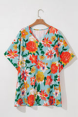 Sky Blue Plus Size Floral Print V Neck Batwing Sleeve Blouse Plus Size Blouses & Shirts JT's Designer Fashion