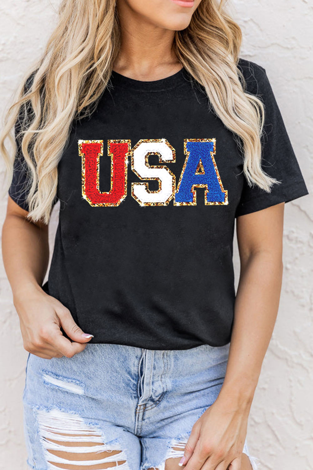 Black Glitter Trim Chenille USA Graphic T Shirt Graphic Tees JT's Designer Fashion