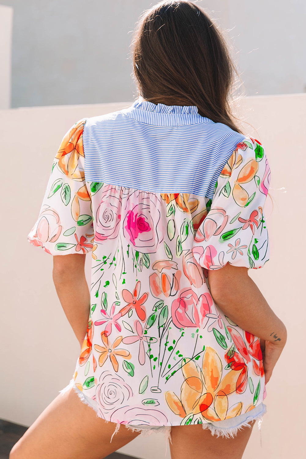 Multicolour Floral Print Striped Yoke Frilled V Neck Puff Short Sleeve Blouse Blouses & Shirts JT's Designer Fashion