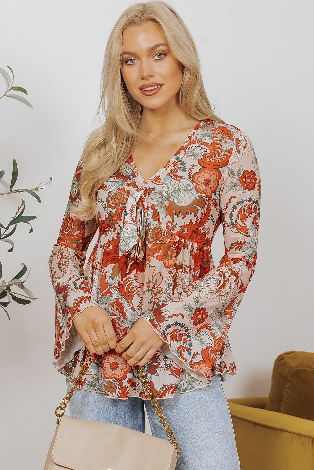 Orange Floral Print Deep V Neck Knot Bell Sleeve Blouse Blouses & Shirts JT's Designer Fashion