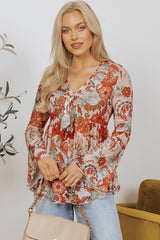Orange Floral Print Deep V Neck Knot Bell Sleeve Blouse Blouses & Shirts JT's Designer Fashion