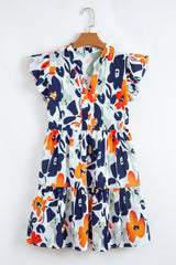 Orange Floral Print Notched Neck Flutter Sleeve Mini Dress Floral Dresses JT's Designer Fashion