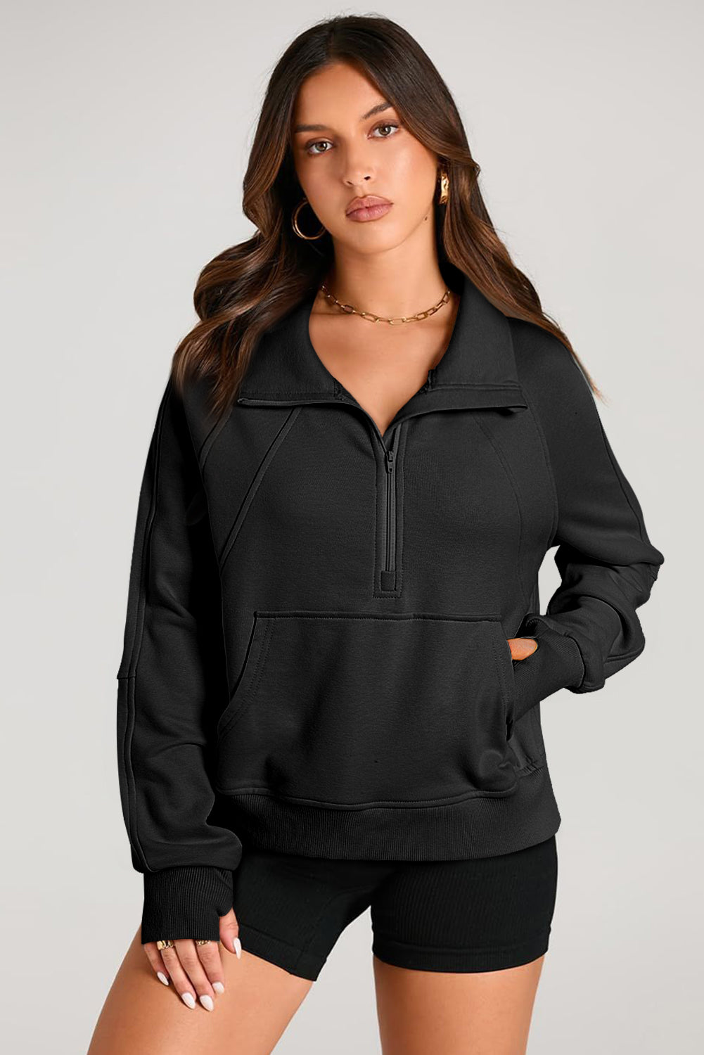 Black Quarter Zip Stand Neck Kangaroo Pocket Sweatshirt Sweatshirts & Hoodies JT's Designer Fashion