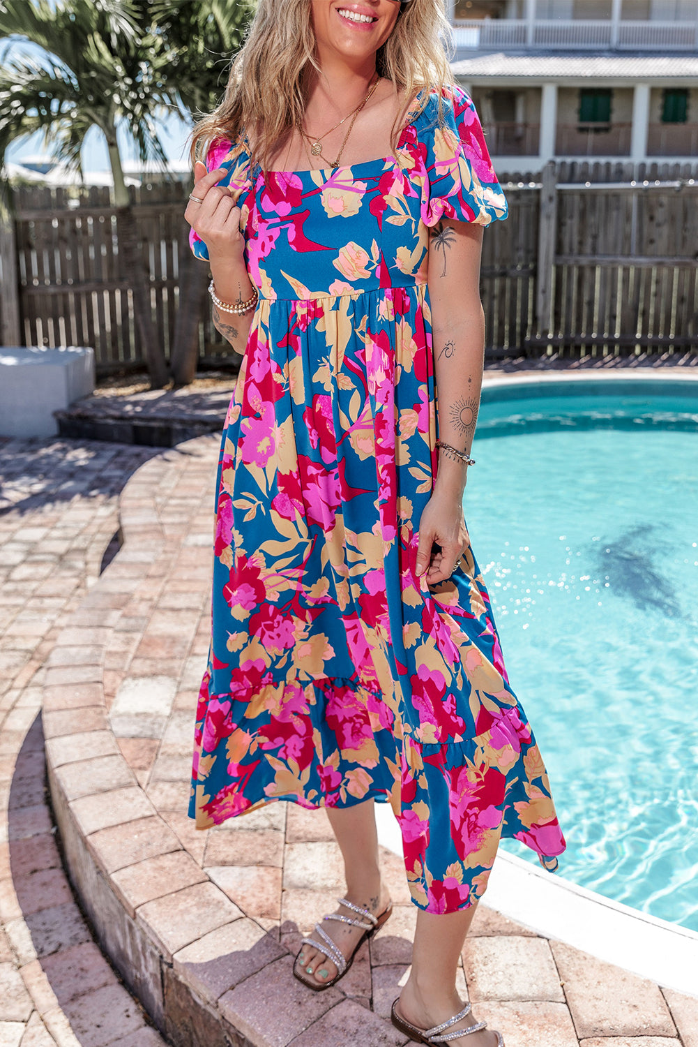 Dark Blue Square Neck Bubble Sleeve Ruffled Floral Dress Floral Dresses JT's Designer Fashion