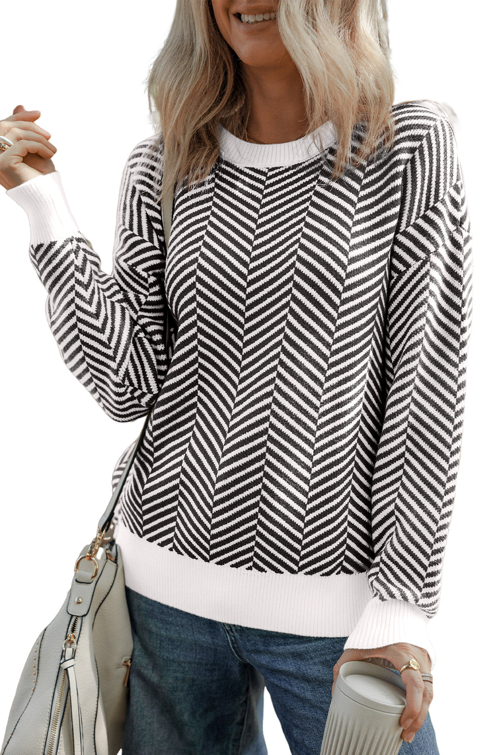 Black Contrast Edge Crew Neck Drop Shoulder Sweater Sweaters JT's Designer Fashion