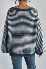Sail Blue Striped Lantern Sleeve Drop Shoulder Cozy Sweater Sweaters JT's Designer Fashion