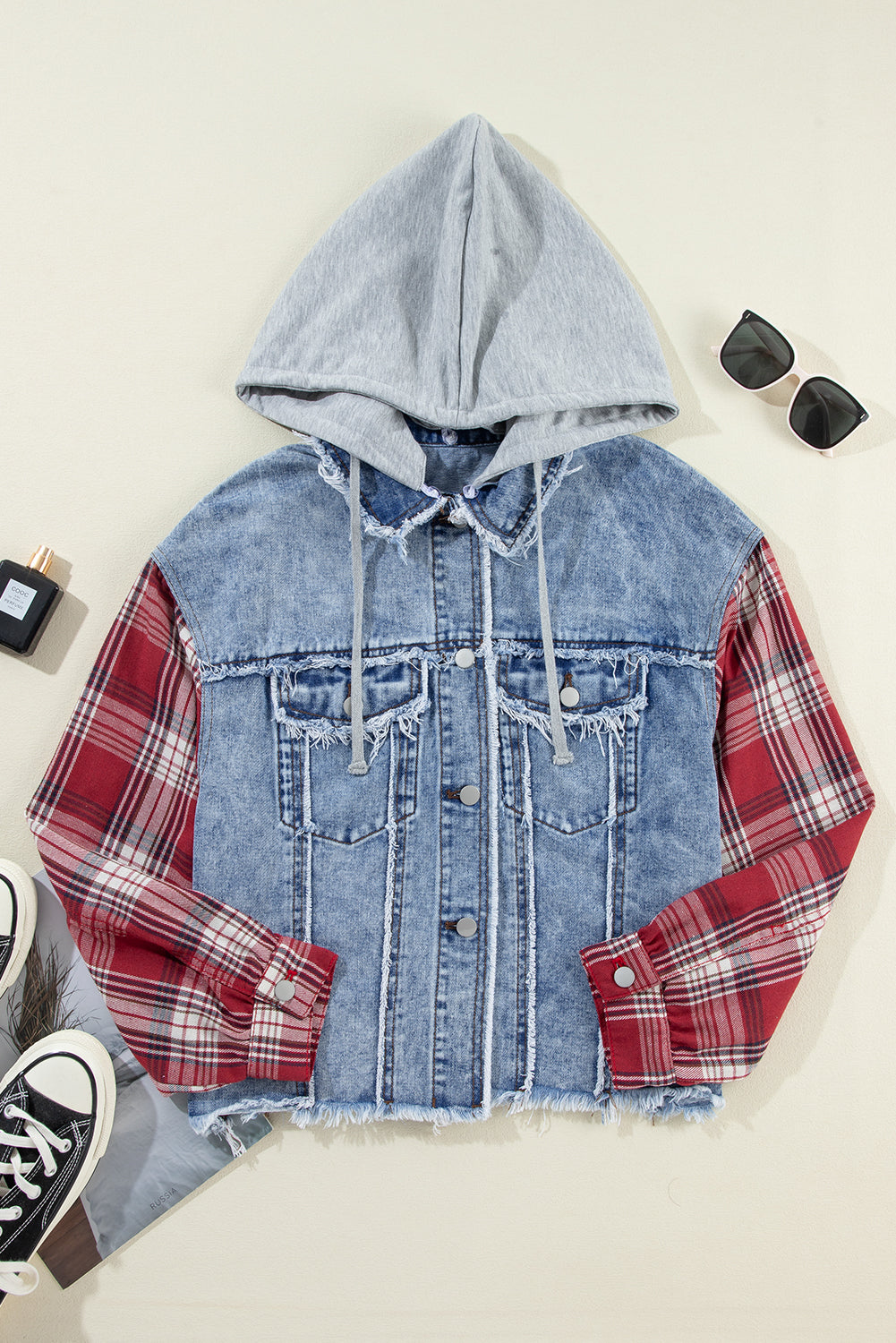Beau Blue Plaid Print Patchwork Hooded Raw Hem Denim Jacket Denim Jackets JT's Designer Fashion