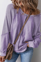 Orchid Petal Solid Waffle Knit Patchwork Raglan Sleeve Sweatshirt Sweatshirts & Hoodies JT's Designer Fashion