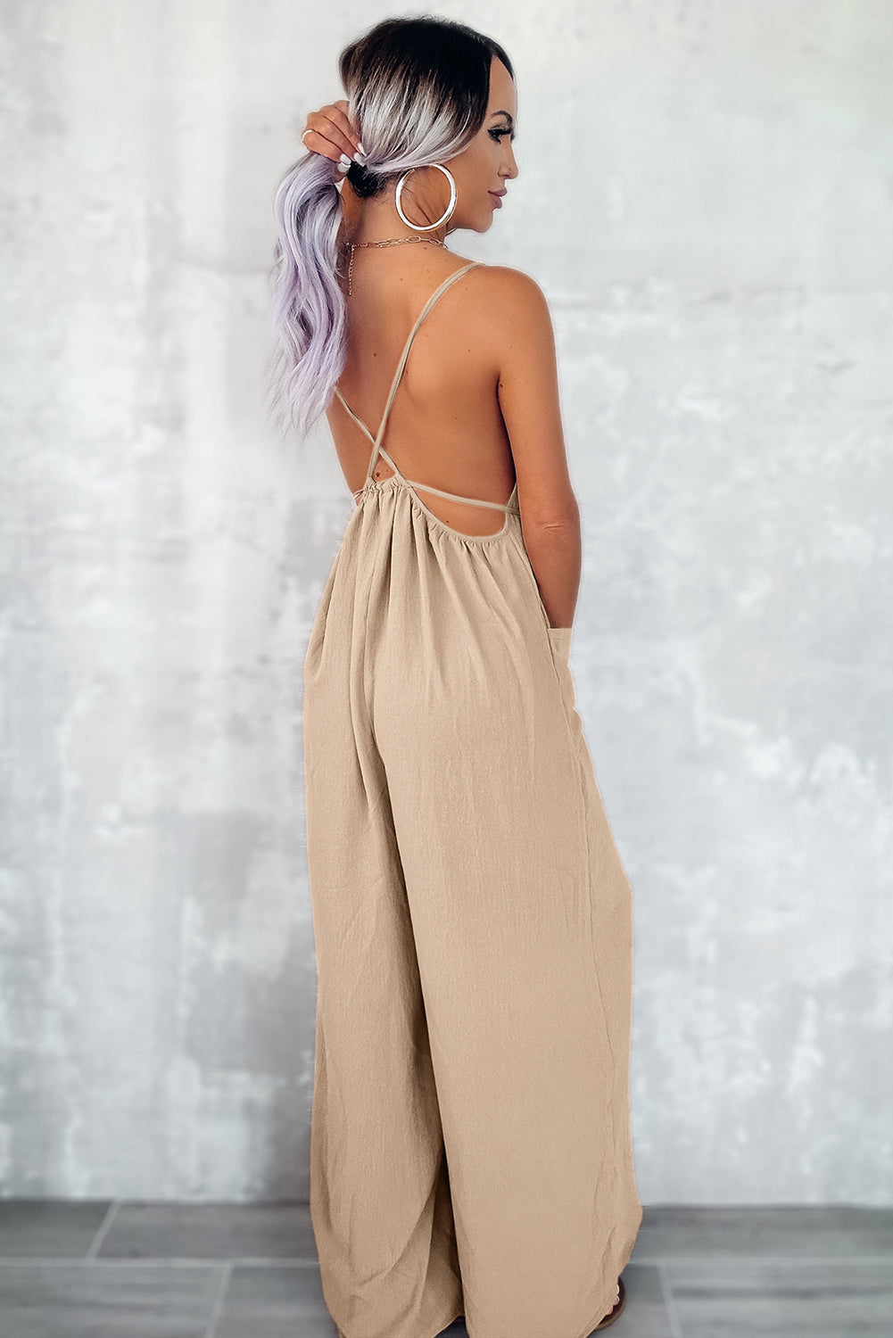 Apricot Spaghetti Straps Waist Tie Wide Leg Jumpsuit with Pockets Bottoms JT's Designer Fashion
