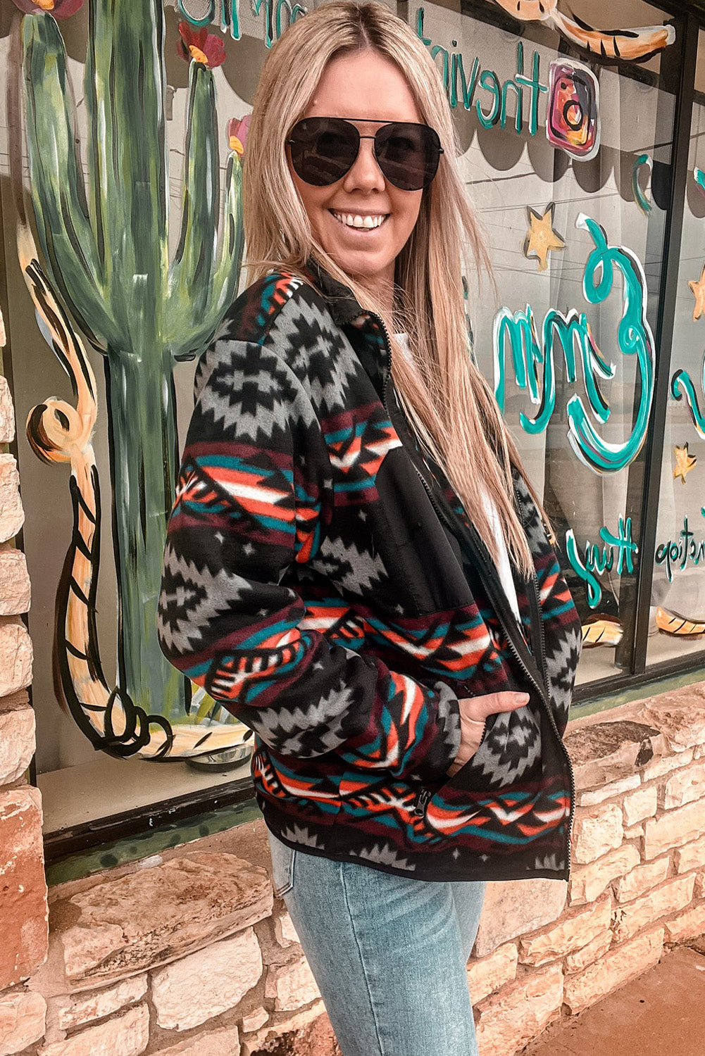 Black Aztec Printed Zip Up Collar Jacket Jackets JT's Designer Fashion